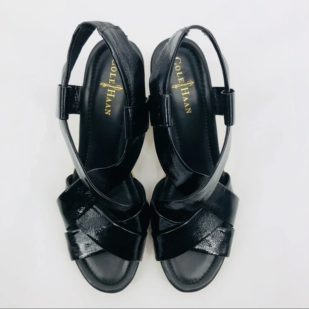 Cole‎ Haan Nike Air Dinah Black Patent Leather Platform Wedge Sandal Size 10AA